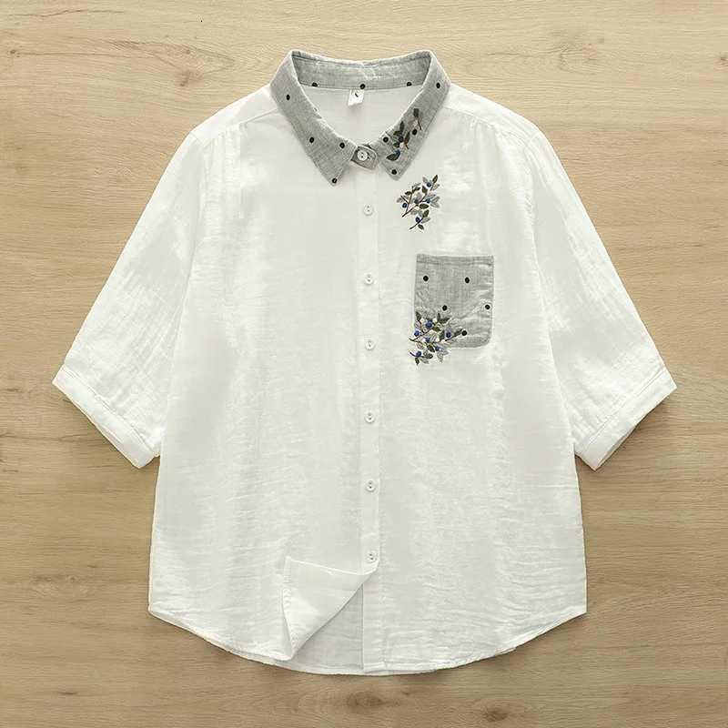 New 2025 Autumn Cotton Yarn Half Sleeve Shirt Women Turn-down Collar Embroidery Mori Girl Retro Casual Loose Blouse T56292CC C260326