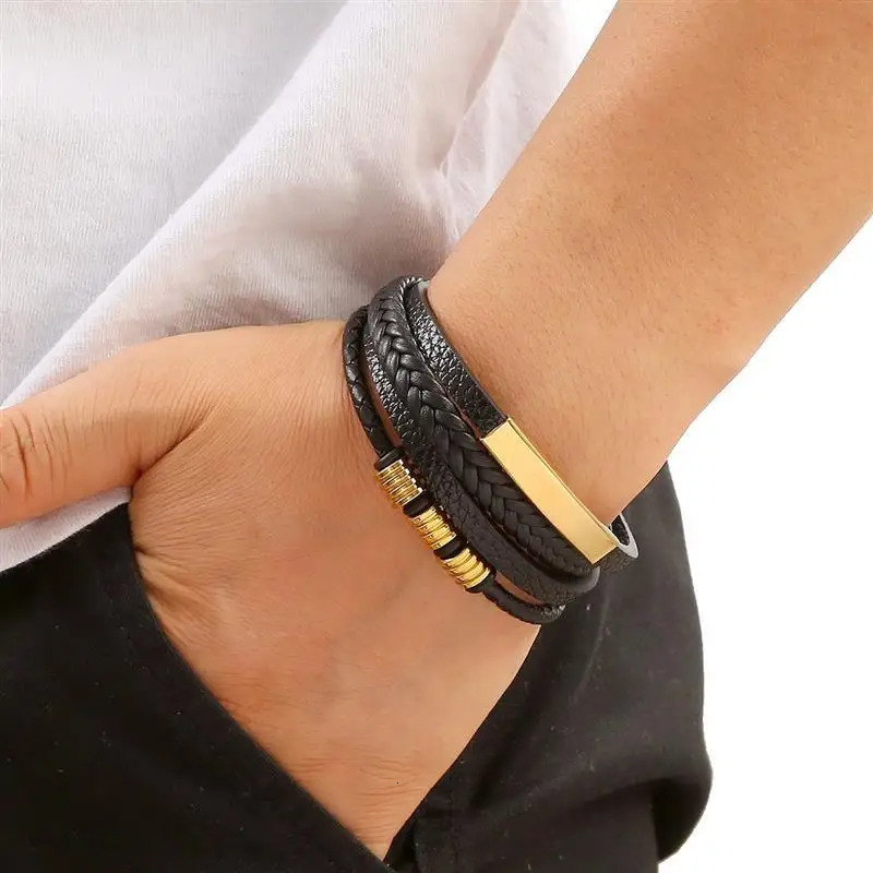Punk Men Leather Bracelet with Stainless Steel Magnetic Clasp Braided Mutilayer Leather Wrapping Bangles Man Jewelry Gift 260402