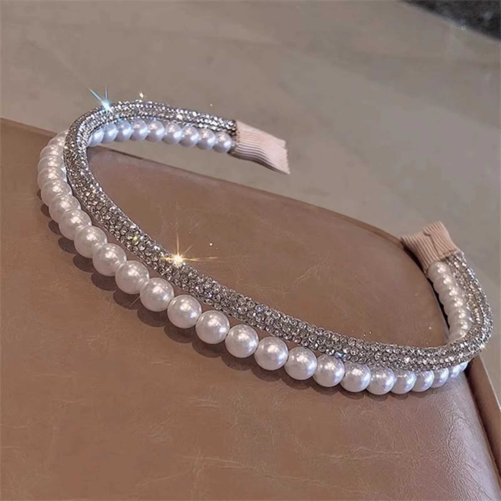 1PC Fashionable Double-Layer Imitation Pearl Rhinestone Hair Hoop for Women - High-End Rhinestone-Inlaid Versatile for Outing D260326