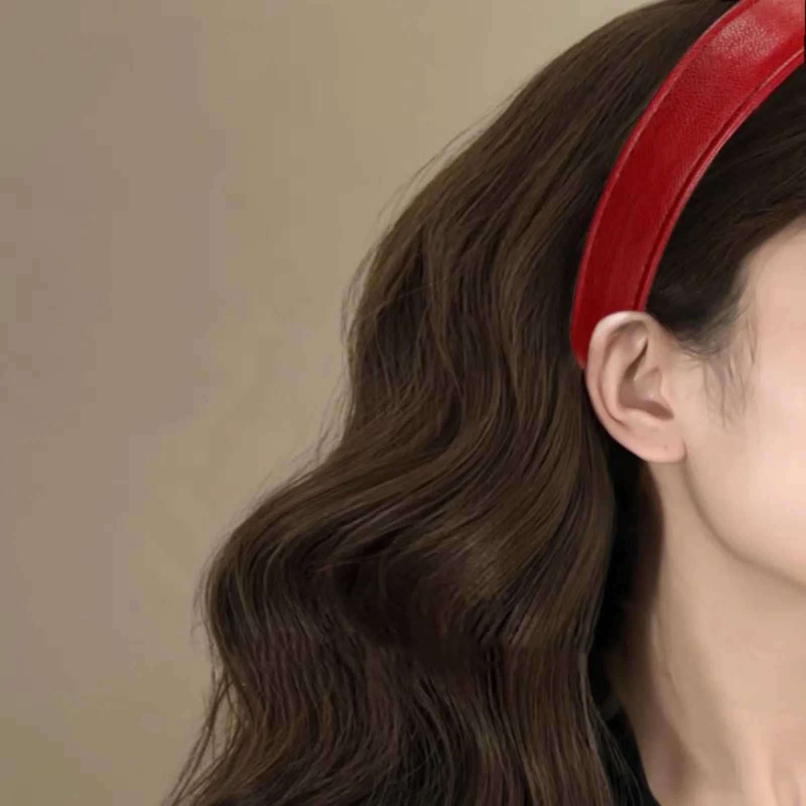 1Pc Retro Wine Red Leather Headband High-End Hair-Containing Hoop New Year PU Leather Korean-Style Travel Hair Band D260326