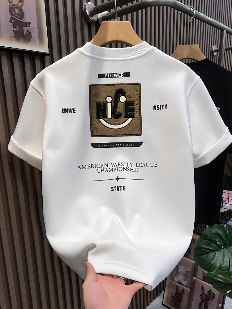Men's Heavyweight Vintage American High-Street T-Shirts | Letter Graphic Crew Neck Stylish Versatile Casual Short Sleeve Tops