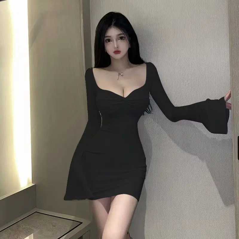 Womens Long Sleeve Ruched Bodycon Dresses Bell Sleeve Sexy Square Neck LowCut Cocktail Club Party Mini Short Dress M260326