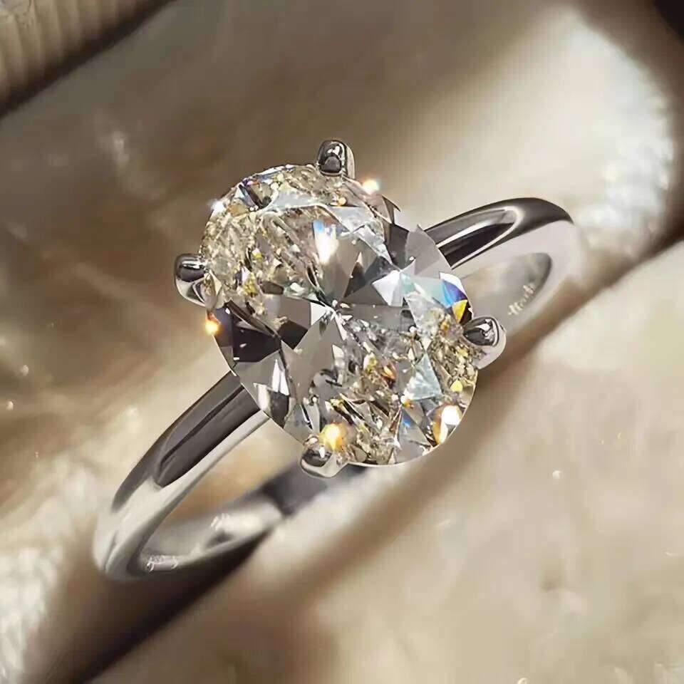 Jewelry Rings 925 Sterling Silver 2CT Zircon Gorgeous Shiny Oval Stone Ring Engagement Wedding Luxury High Quality Fine Gift for Women Size 5-10 Visio