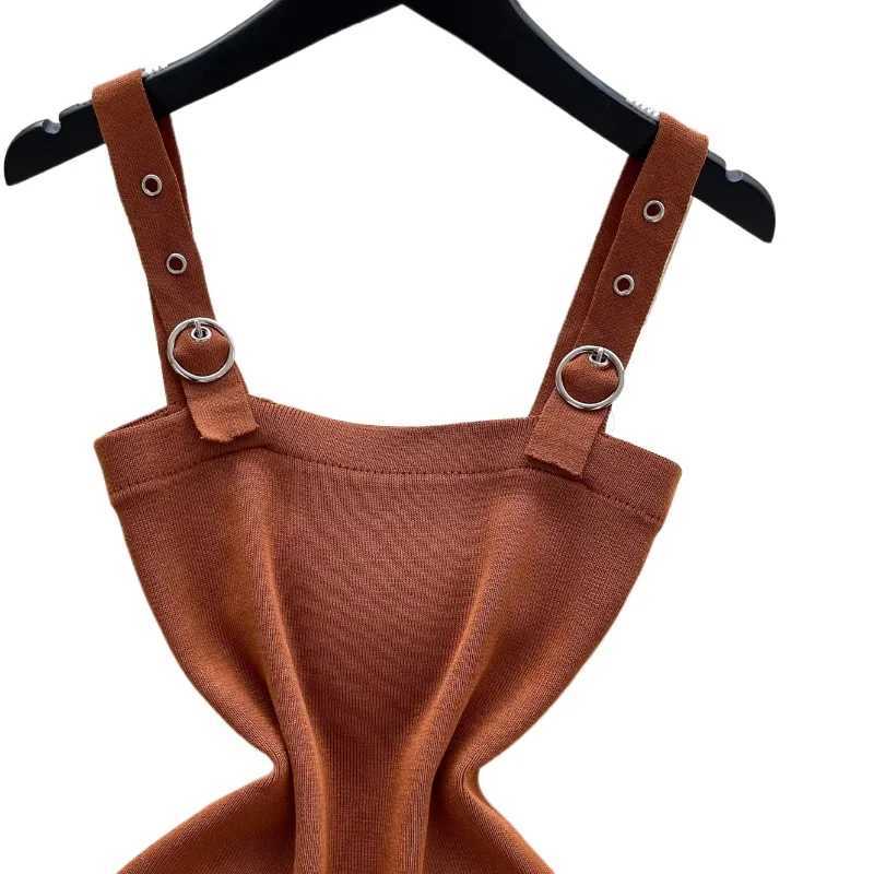 Womens Brown Spaghetti Strap Square Neck Sundress Metal Buckle Stretchy Ribbed Knit Bodycon Mini Dress Summer Party Dress M260326