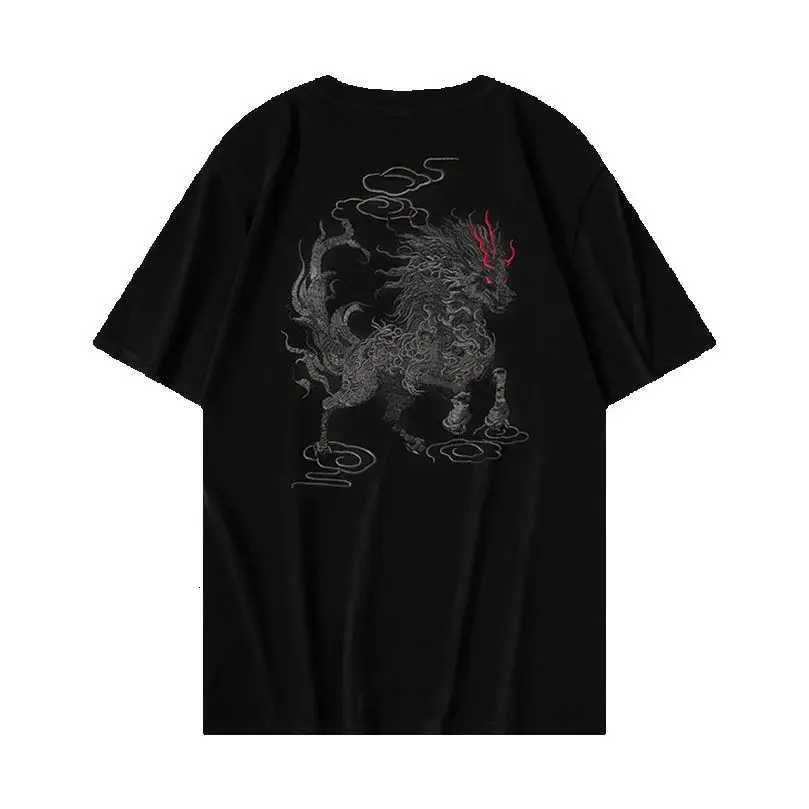 Summer Kylin Embroidery T Shirt Men Sukajan Cotton Short Sleeved Knit T-Shirt Oversize Handsome Boy Chic Tshirt C260326