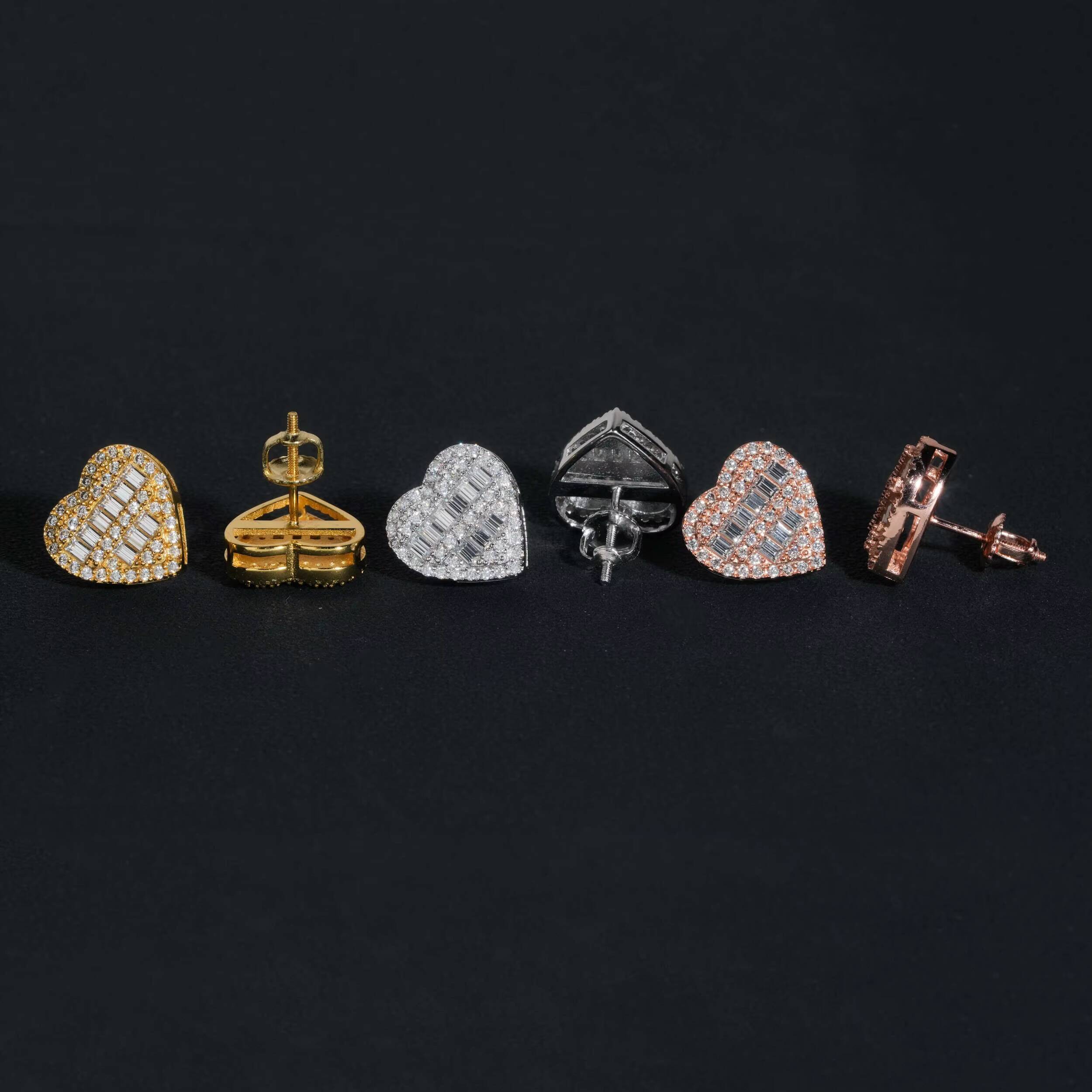 Hip Hop 14K Real Gold Lab Grown Diamond Heart Baguette Stud Earrings EverLasting Gift for Women Men Fine Jewelry