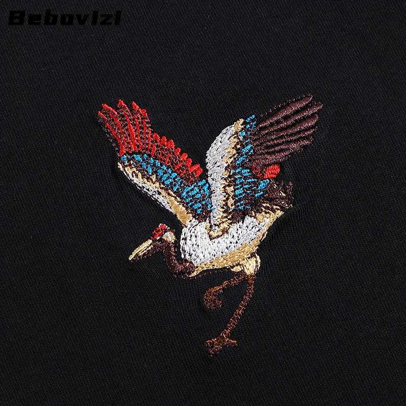 2025 Men Hip Hop Streetwear Japanese Harajuku Crane Embroidery T-Shirt Summer Short Sleeve Tops Tees Black White Cotton Tshirts C260326