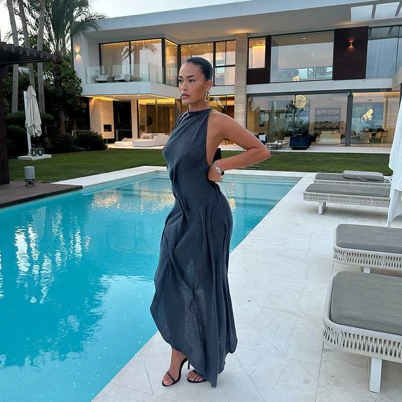 Romantic Soft Halter Maxi Dress Ruched Asymmetrical Women Dresses Anniversary Dinners Vacation Elegant Female Party Wear X260326