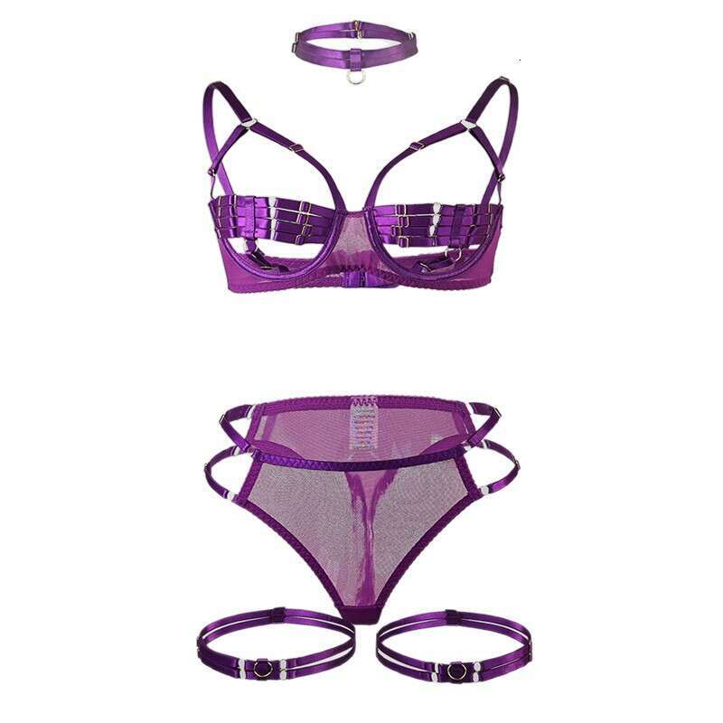 Sexy Purple Velvet Lingerie Set Metal Ring Harness Bra & Thong with Leg Straps, Perfect for Intimate Wear or Cosplay - view 6