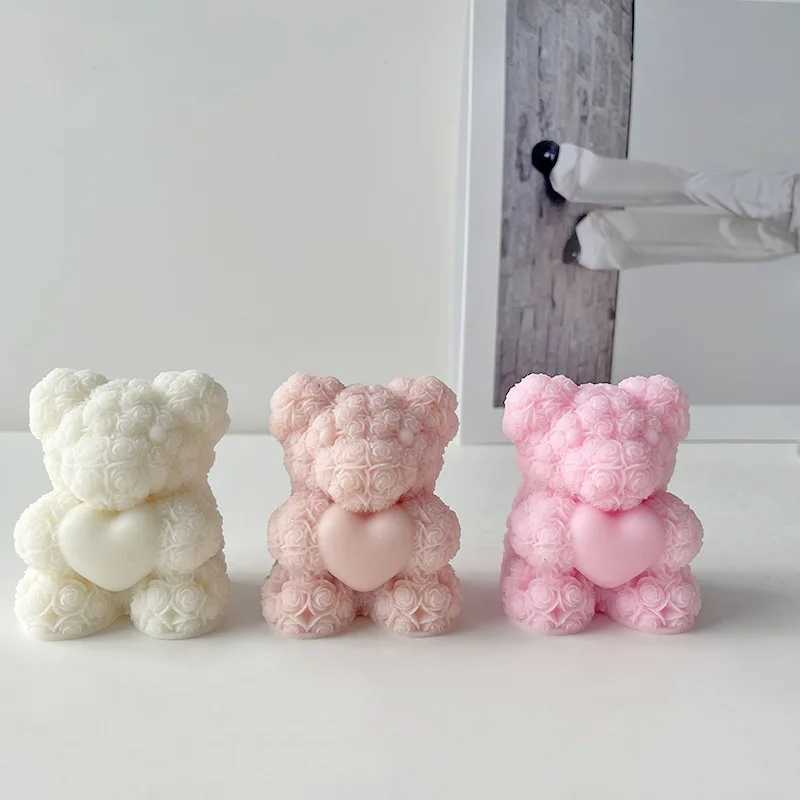 Valentines Day Love Rose Bear 3D Candle Silicone Mold DIY Bears Handmade Soap Plaster Aroma Candle Mold Home Decor Crafts H260326