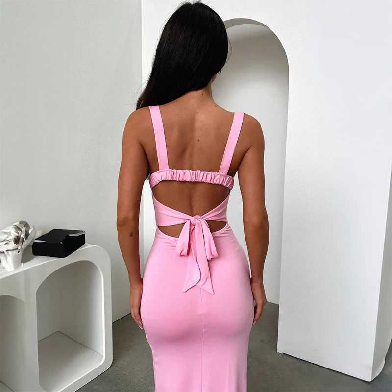Y2K summer new slim fit temperament solid color sleeveless slit backless suspender bag hip womens dress M260326