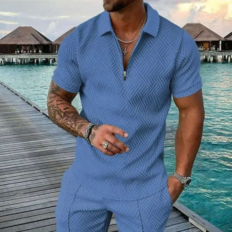 Men's Summer Suit Tracksuits Fashion Men Sets Solid Summer Vneck Zipper Short Sleeve POLO Shirt Shorts Two Pieces Casual Men's Clothing Free