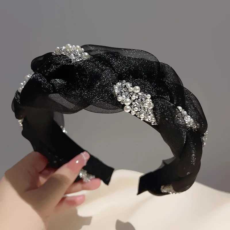 Korean Double Pearl Rhinestone Headband Lace Braided Hairband Hair Hoop Bezel Crystal Headbands for Women Girl Hair Accessories D260326