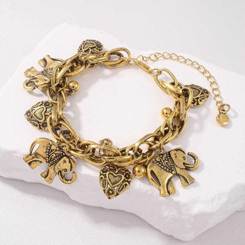 Tribal Jewelry Fashion Retro Carved Elephant Anklet, Heart-Shaped Bracelet, Alloy Anklet And Hand Jewelry
