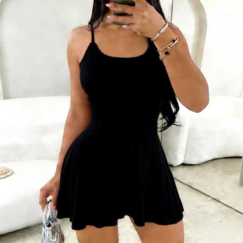 Womens Red Spaghetti Strap Short Sundress Flared Hem Stretchy Ribbed Knit A-Line Mini Dress Hollow Out Summer Vacation Dress M260326