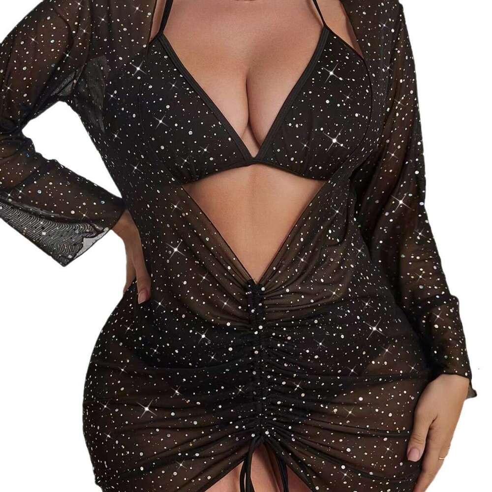 Swimsuits designer womens maillot de bain New European and American Plus Size Mesh Long Sleeve Sunscreen Three-Piece S