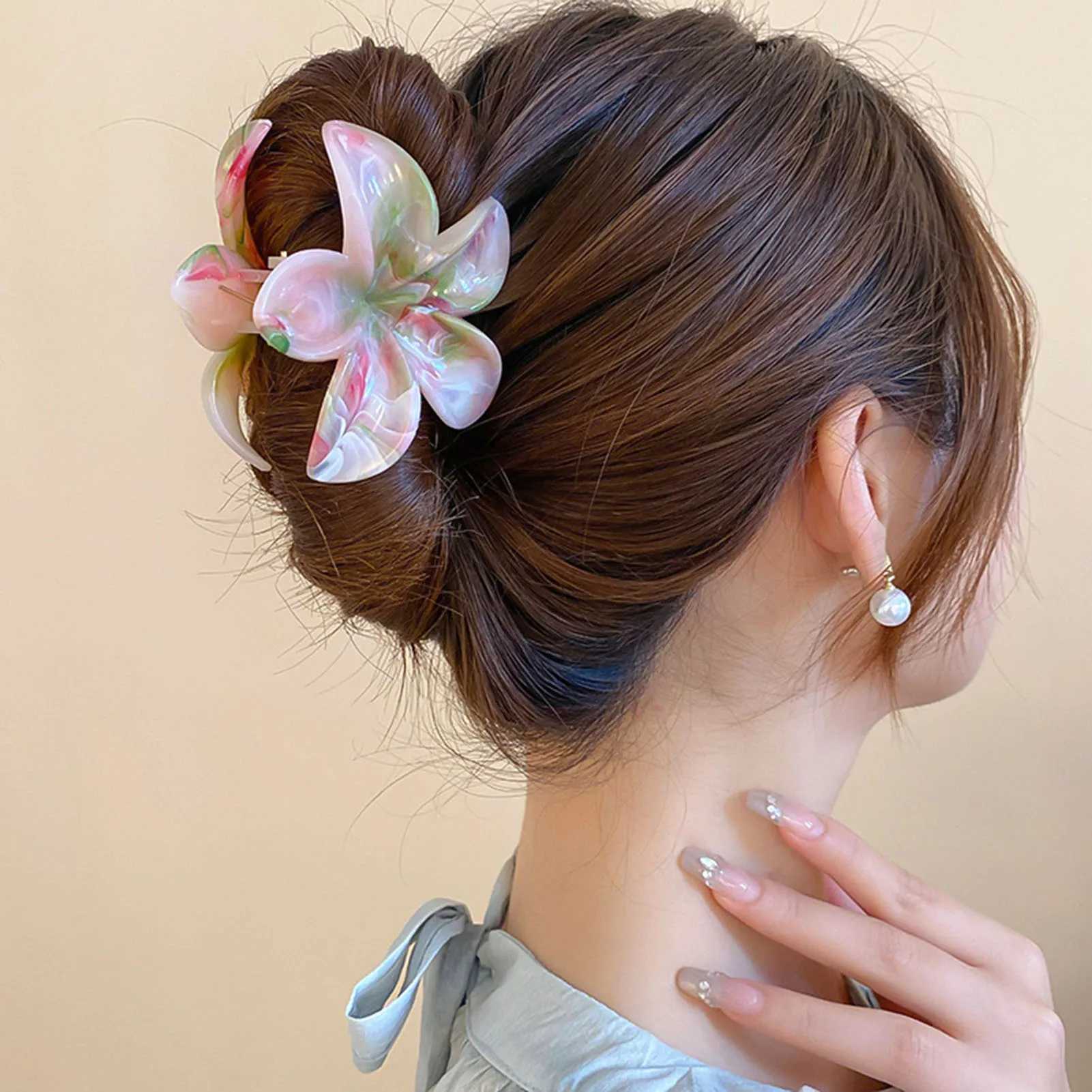 4cm Gradient Color Flower Acrylic Hair Claws Clip Women Girls Sweet Hairpins Beach Hawaiian Style Colorful Hair Accessories H260326
