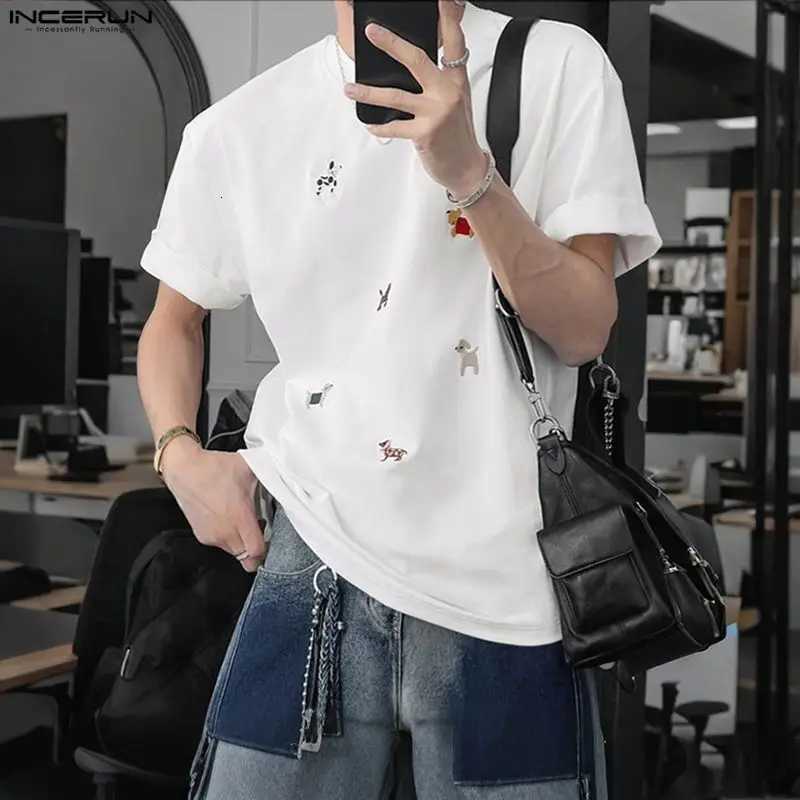 INCERUN Men T Shirt Embroidery O-neck Short Sleeve Casual Male Tee Tops Streetwear Loose Korean Style Fashion Men Clothing S-5XL C260326