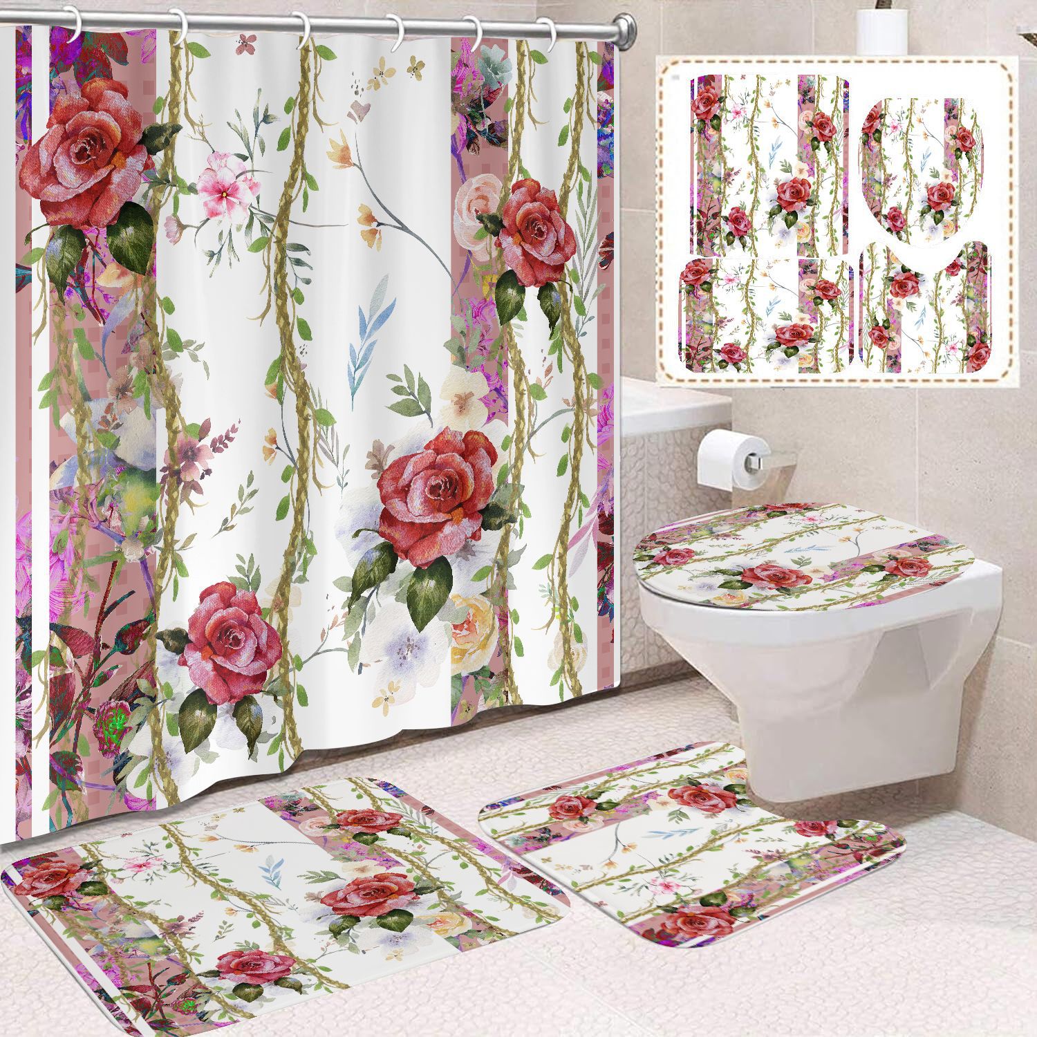 YL-38394 Floral Shower Curtain and Floor Mat Set (4 Pieces) - Bathroom Dry and Wet Separation, Toilet Isolation Curtain, Modern Minimalist Style