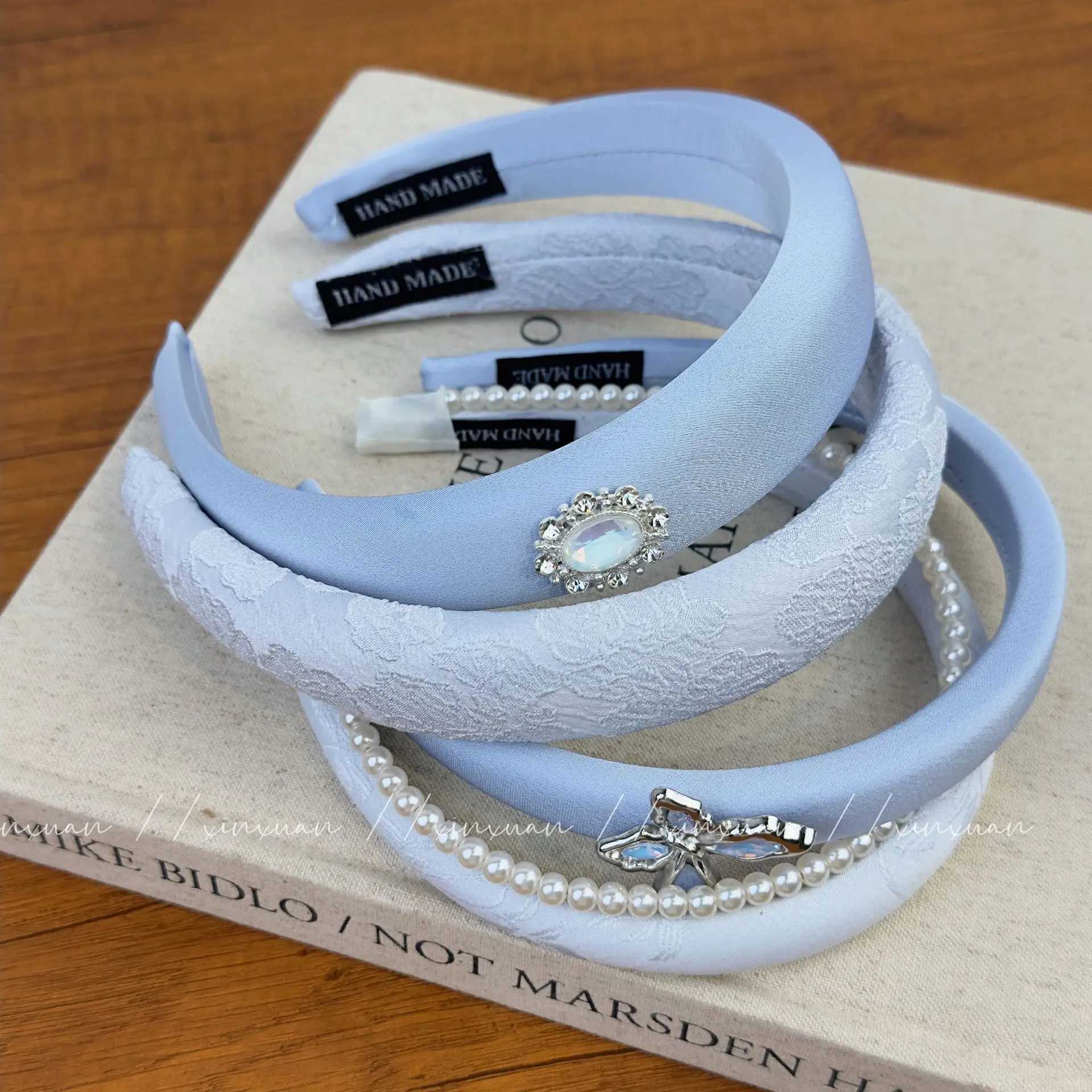 Silver Diamond Butterfly Pearl Women Headband 2024 Spring Summer Blue Romantic Butterfly Elf Head Band Princess Hair Accessory D260326