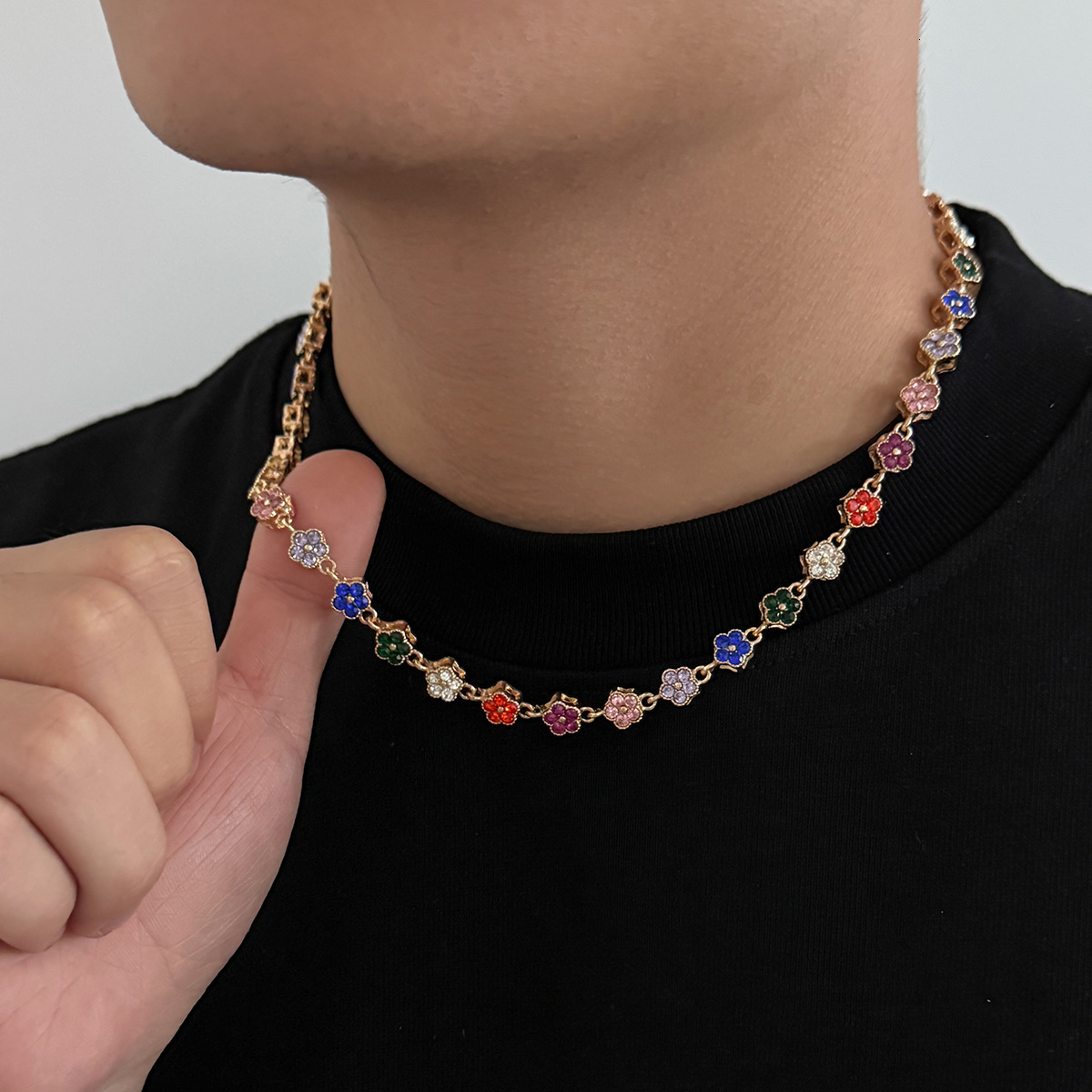 Men's Colorful Floral Necklaces Hip-Hop-Style Luxury Collar Chains Minimalist Niche Bracelets Trendy Men's Accessories
