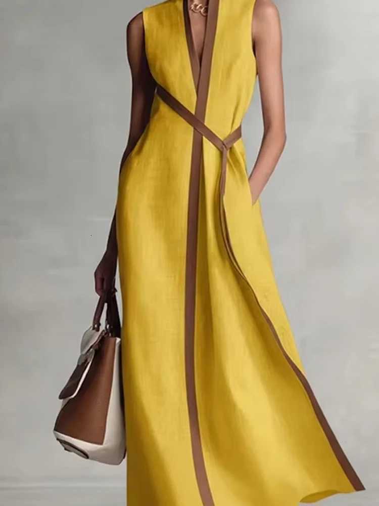 Summer Elegant V-neck Lace-Up Waist Maxi Dress Fashion Color Block Draped Long Dress Casual Slveless Cotton Linen Party Dress X260326