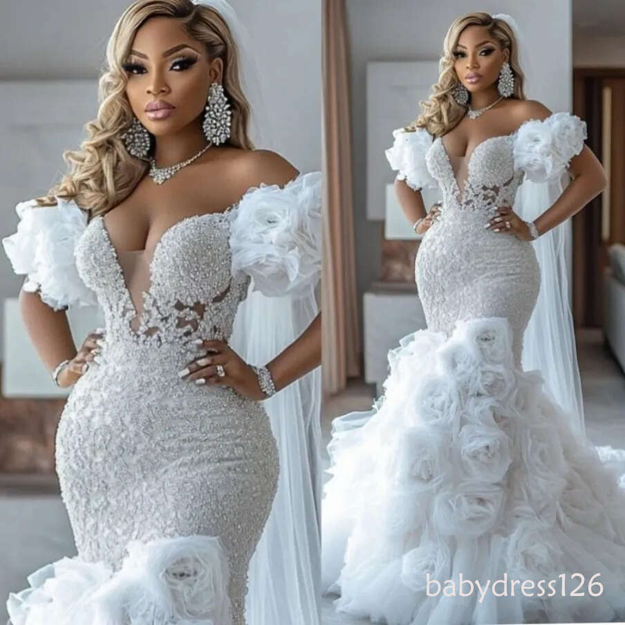 Arabic Aso Ebi Ivory Dress 2026 Mermaid Bridal For Bride Off Shoulder V Neck Sexy Flora Tiered Tulle Charming Wedding Gowns J12 ZD19