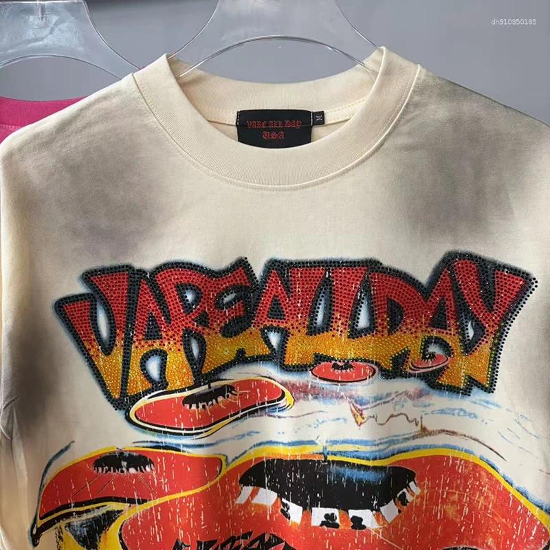 Men's T Shirts VARE ALL DAY American Street Washed Distressed Rhinestone Print Loose Round Neck Vintage Short-Sleeve Hip-hop Y2K T-Shirt Men Wome