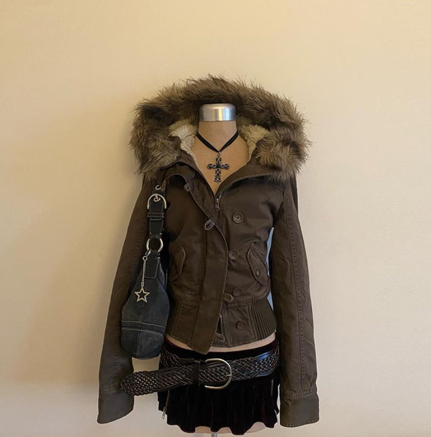 Winter Fashion Solid Color Fur Collar Hooded Cotton-padded Jacket Women Y2K Street Vintage Pop College Cotton-padded Jacket 251209