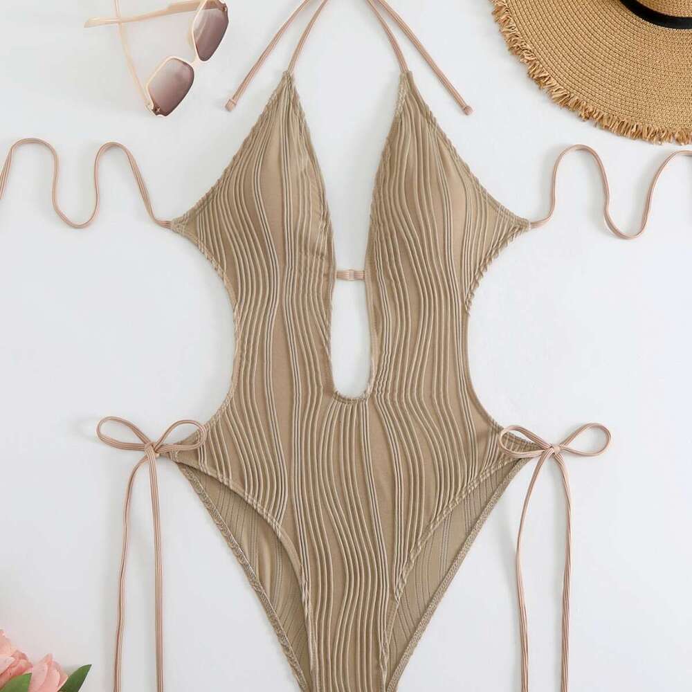 European and American fashion hot-selling one-piece swimsuit with hollow-out design, tie straps, and open back, popular one-piece bikini