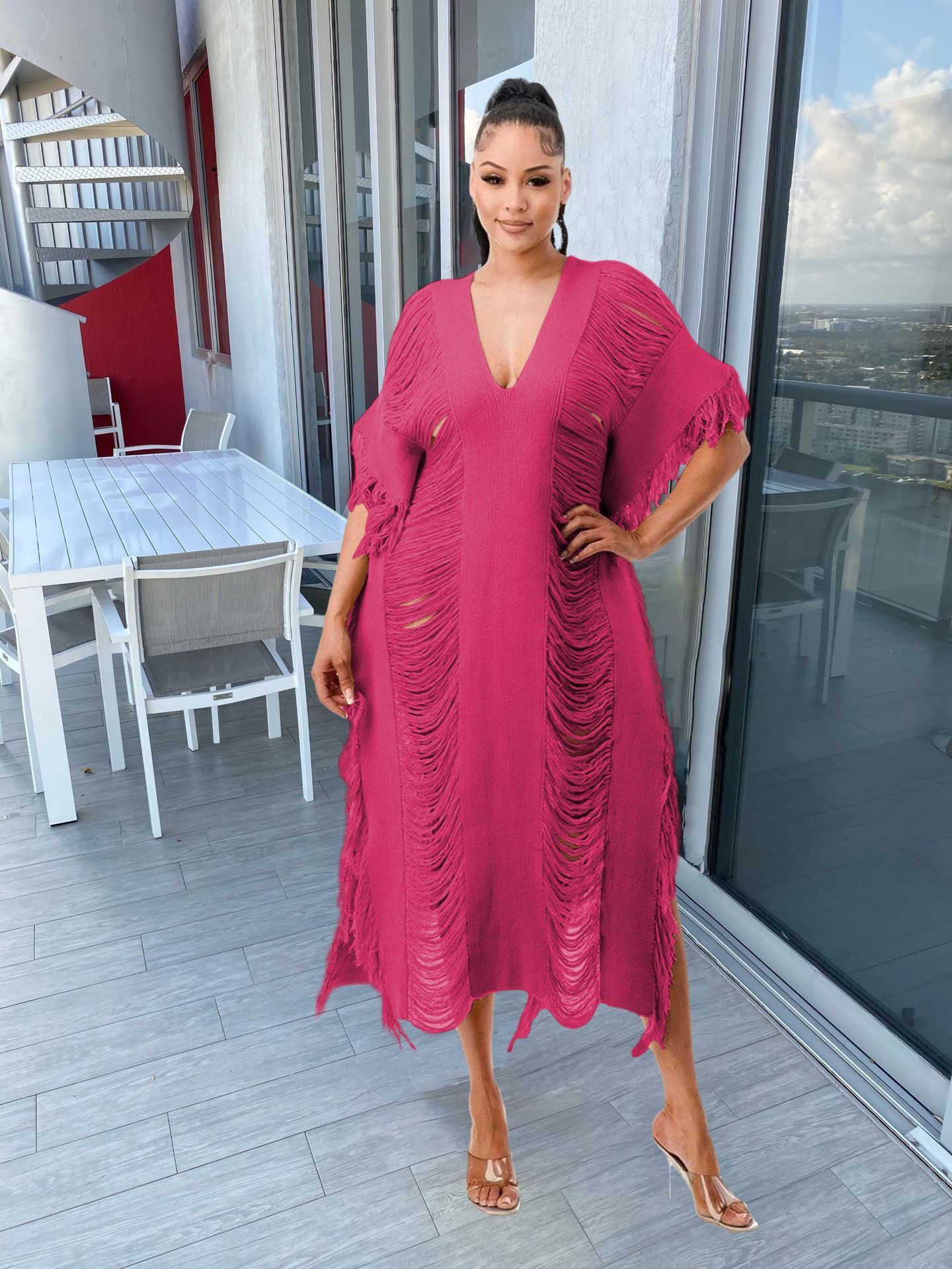 Summer Womens Hand-Knitted Solid Color Elegant Sexy See-Through Tassel Dress 240906