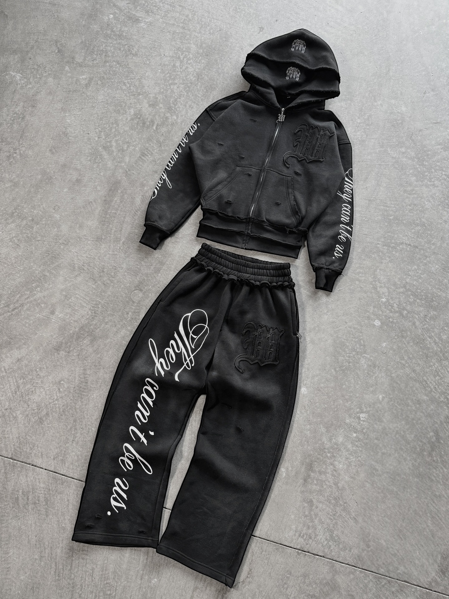 Grey Distressed Embroidery Hoodies Tracksuit Set Men Women Streetwear Oversized Hoodie & Pants Edgy Casual Two-Piece Outfit