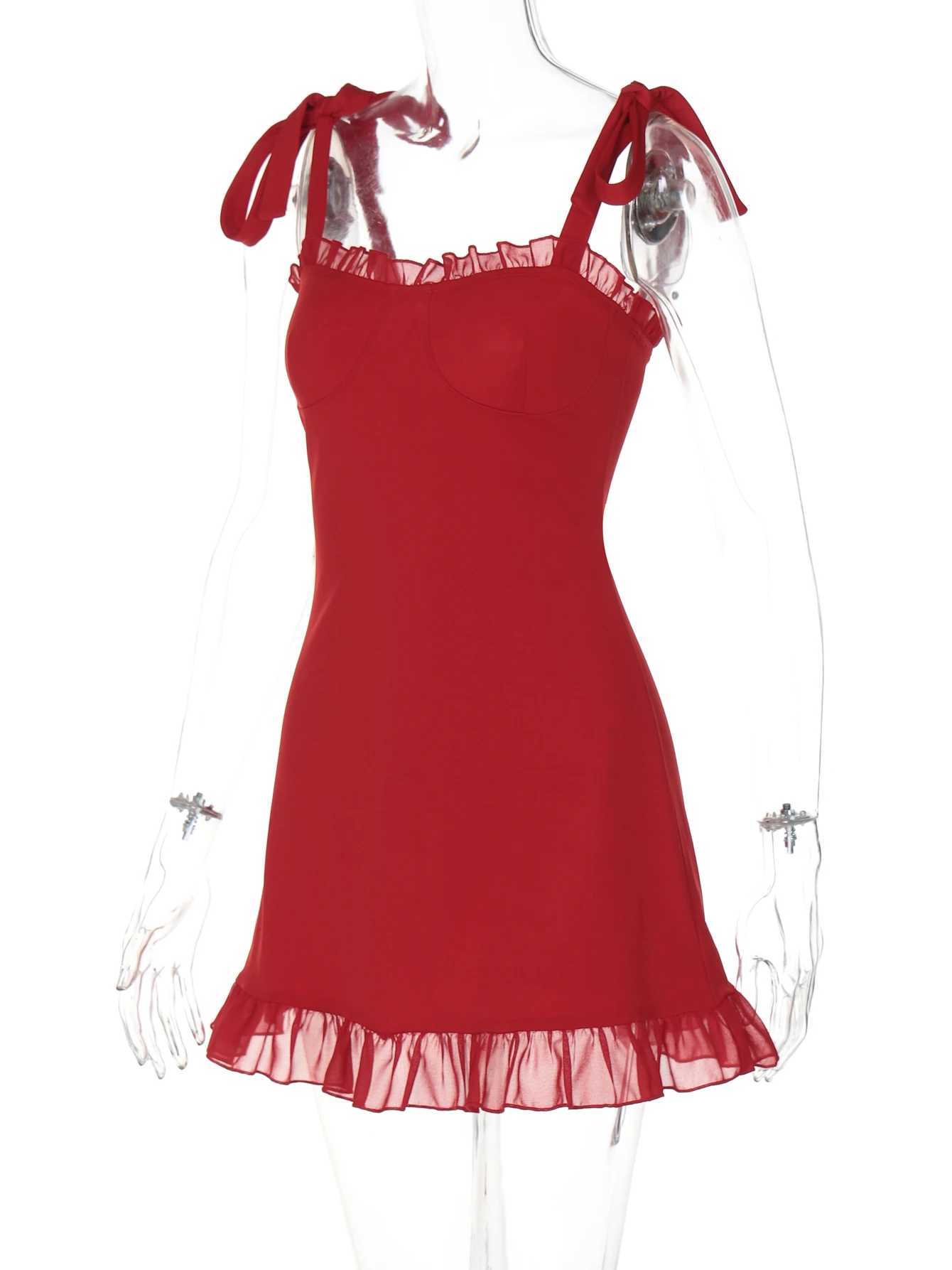 Hugcitar 2024 Elegant Solid Slips Ruffles Backless Bandage Patchwork Sexy Slim Mini Dress Women Outfits Birthday Party Vacation M260326