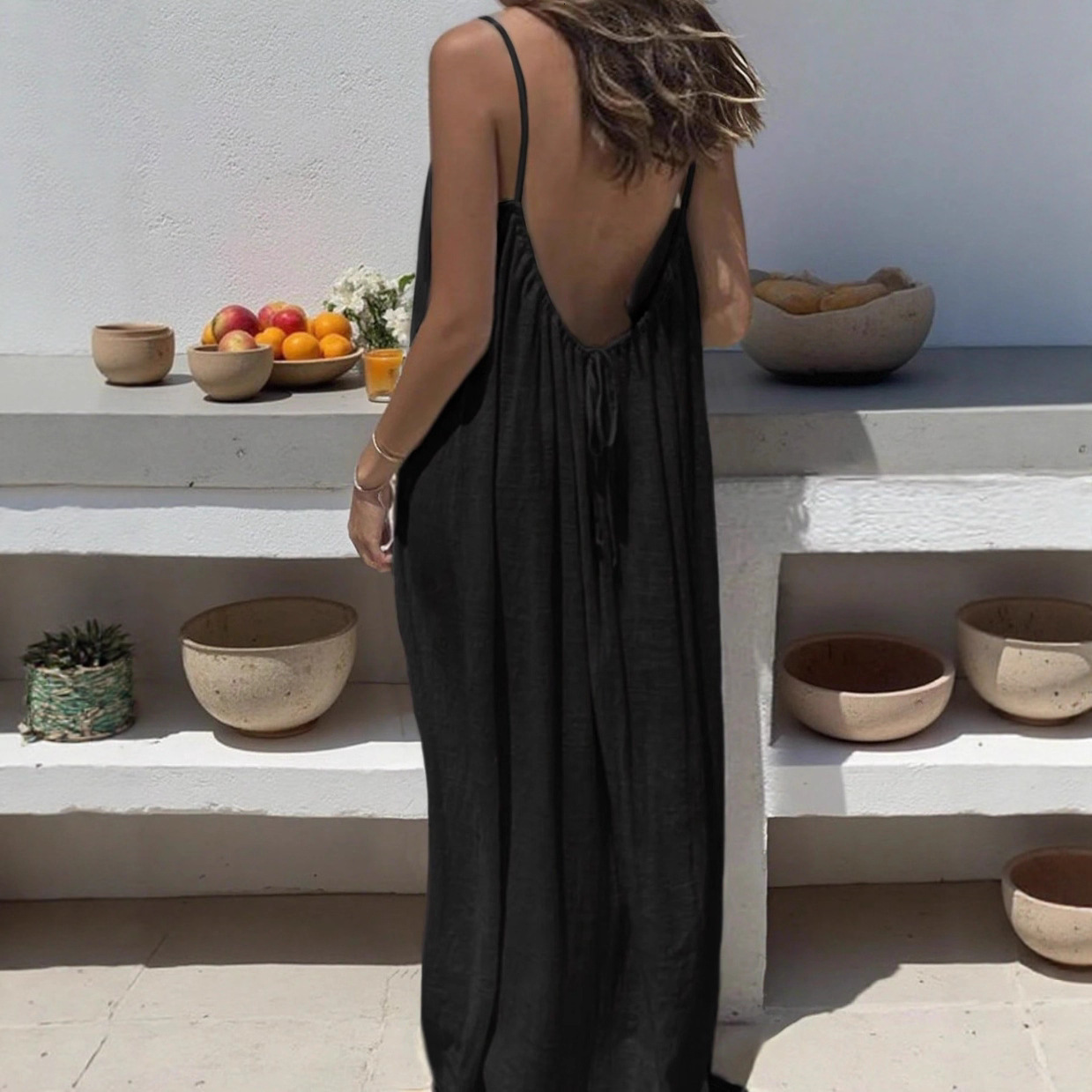 Woman Clothing Designer Dress Loose Linen Camisole Maxi Dress New Backless Casual Homewear & Outdoor big size Beach Dress for Women