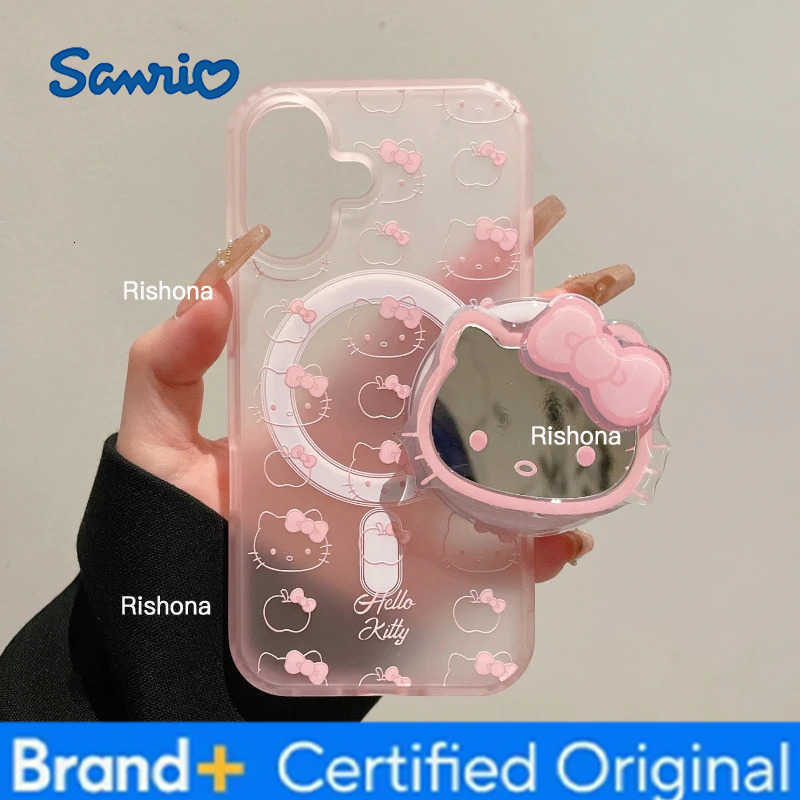 Sanrio Cute Hello Kitty Magnetic Magsafe Wireless Charge Phone Case For iPhone 17 16 15 14 13 Pro Max Mirror Grip Holder Cover H260326