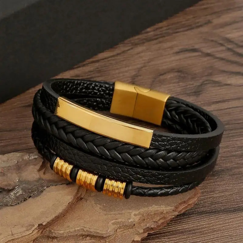 Punk Men Leather Bracelet with Stainless Steel Magnetic Clasp Braided Mutilayer Leather Wrapping Bangles Man Jewelry Gift 260402