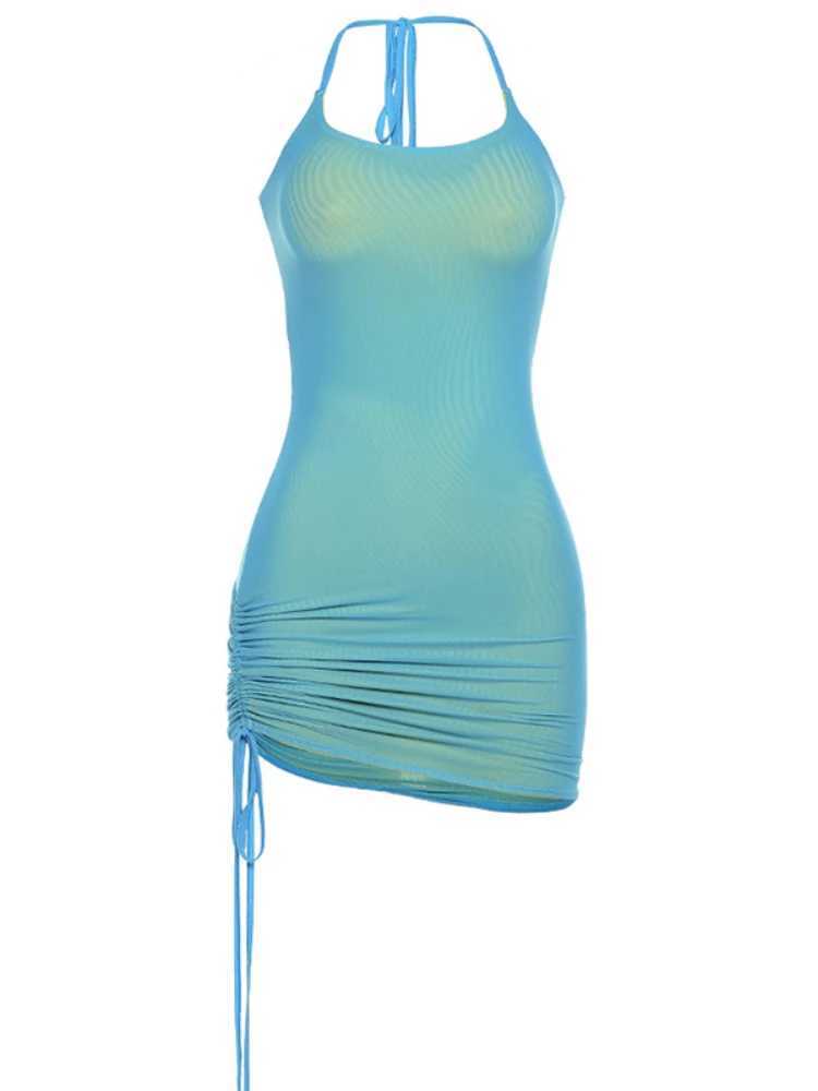 Sexy Halter Neck Wrap Chest Low-cut Slim Bodycon Mini Dress Women Sleeveless Fluorescent Color Skinny Dress Club Party M260326