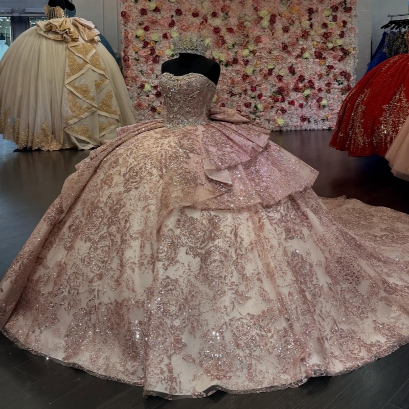 Pink Ball Gown Quinceanera Dresses Sequin Applique Lace Beading Crystal Bow Tull Corset Off Shoulder Sweet 16 Dress Vestidos 15 De Anos