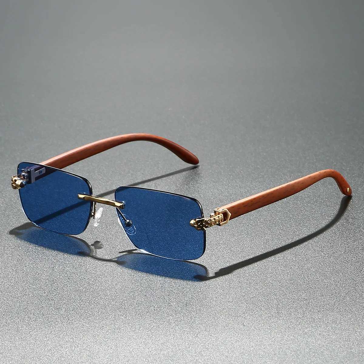 Europe Fashion Rectangular Sunglasses Men Women Unisex Luxury Rimless Frameless Cheetah Man Sun Glasses Wooden Texture D260326