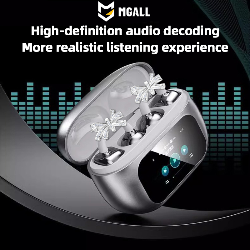 MGALL Earbuds Top earrings butterfly Headphones Design with LCD Full Color Touch Screen Audio Wireless for Music Phone Calls with earrings Bow tie Pet