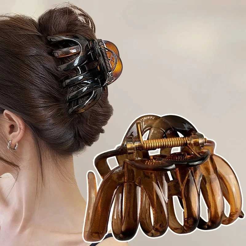French Style Acrylic Pumpkin Hair Claws for Women Korean Design Simple Hollow Ponytail Shark Clip High Volume Hairpin Accessory H260326