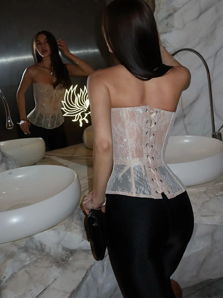 Sexy Womens Lace Fishbone Bandage Vest Slim Strapless Backless Female Corset 2026 Spring Summer Lady Beach Party Tops 260410