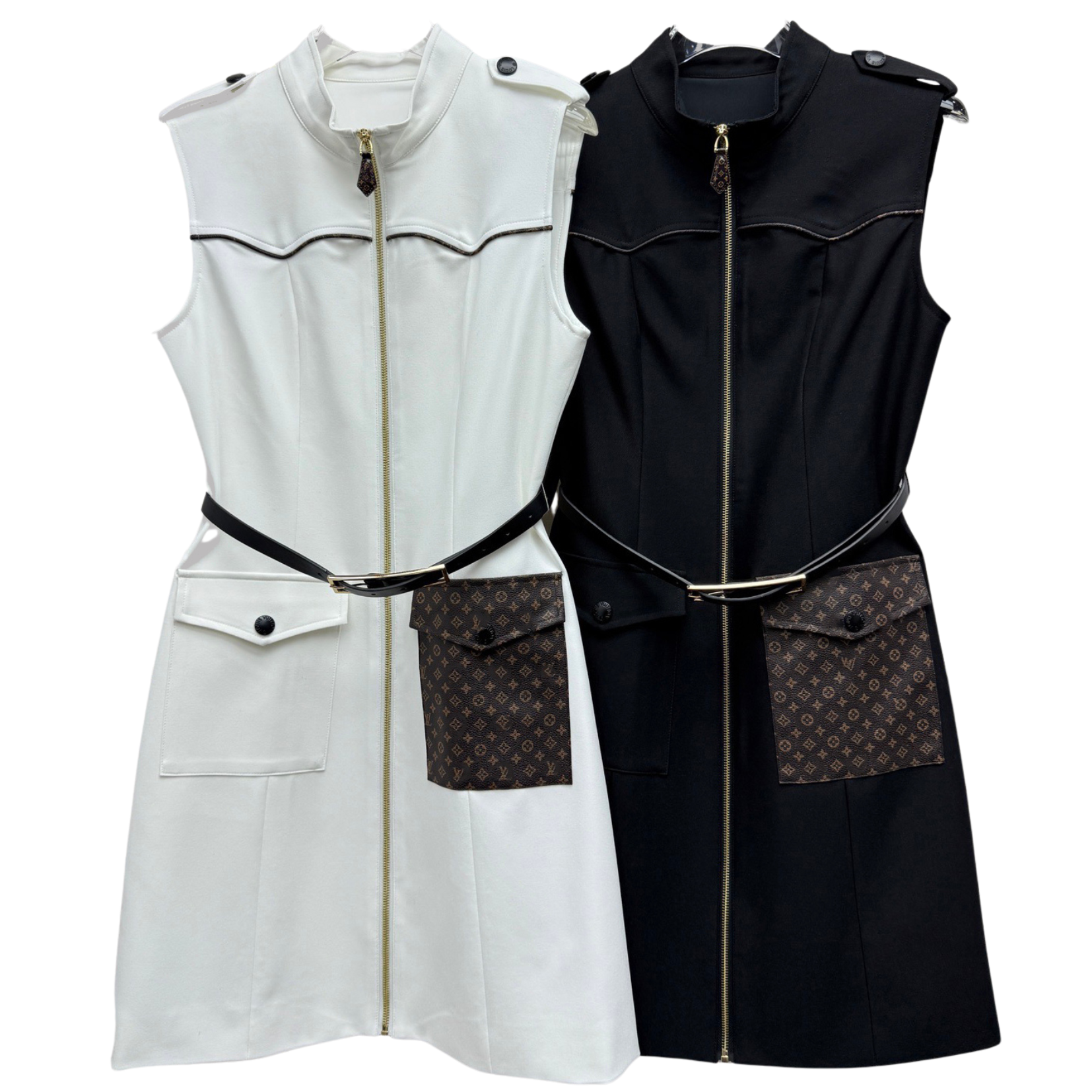 Advanced letter vest dress, sleeveless front zipper mini dress, waist belt design, sleeveless jacket dress, designer style