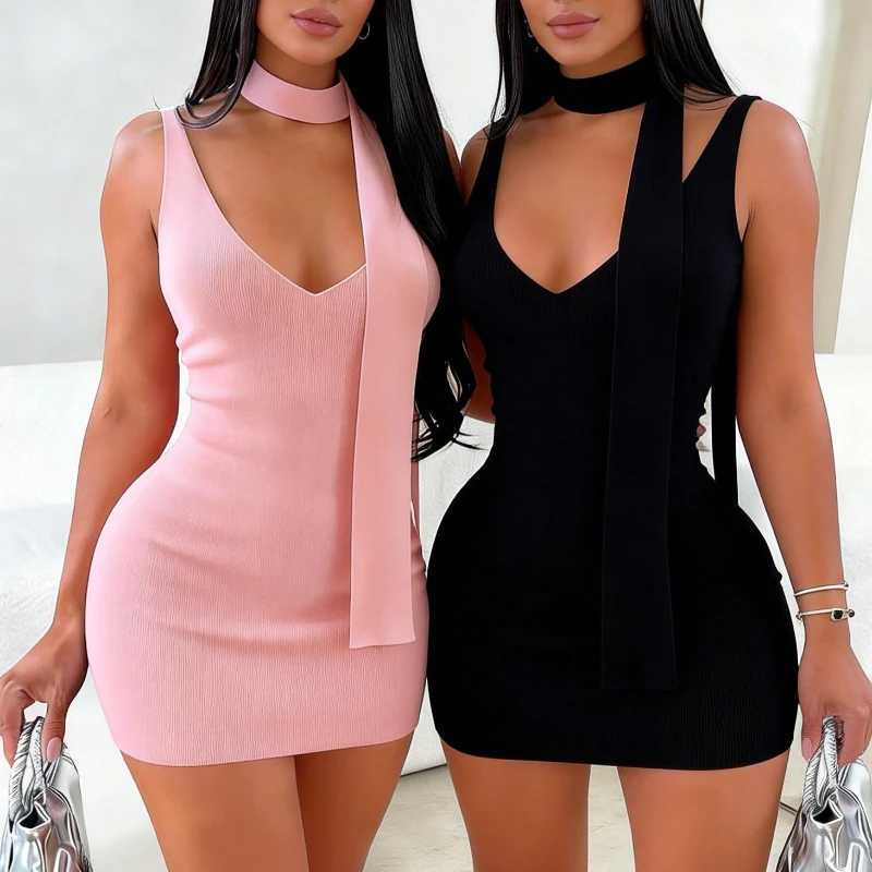 Pink Detachable Scarf Mini Dress Womens Sleeveless Sundress V-Neck Side Slit Stretchy Ribbed Knit Bodycon Casual Party Dress M260326