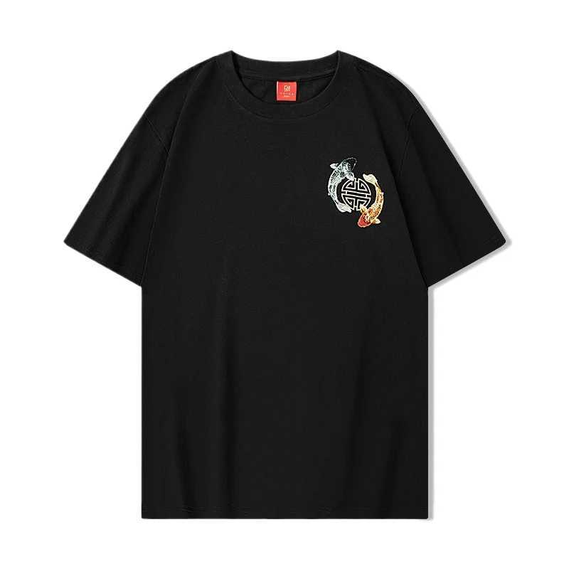 Summer Embroidery T Shirt Men Fashion Vintage T Shirt Women Hip Hop Tees Cotton Short Sleeve Chinese Koi Carp Loose Tops Couple C260326
