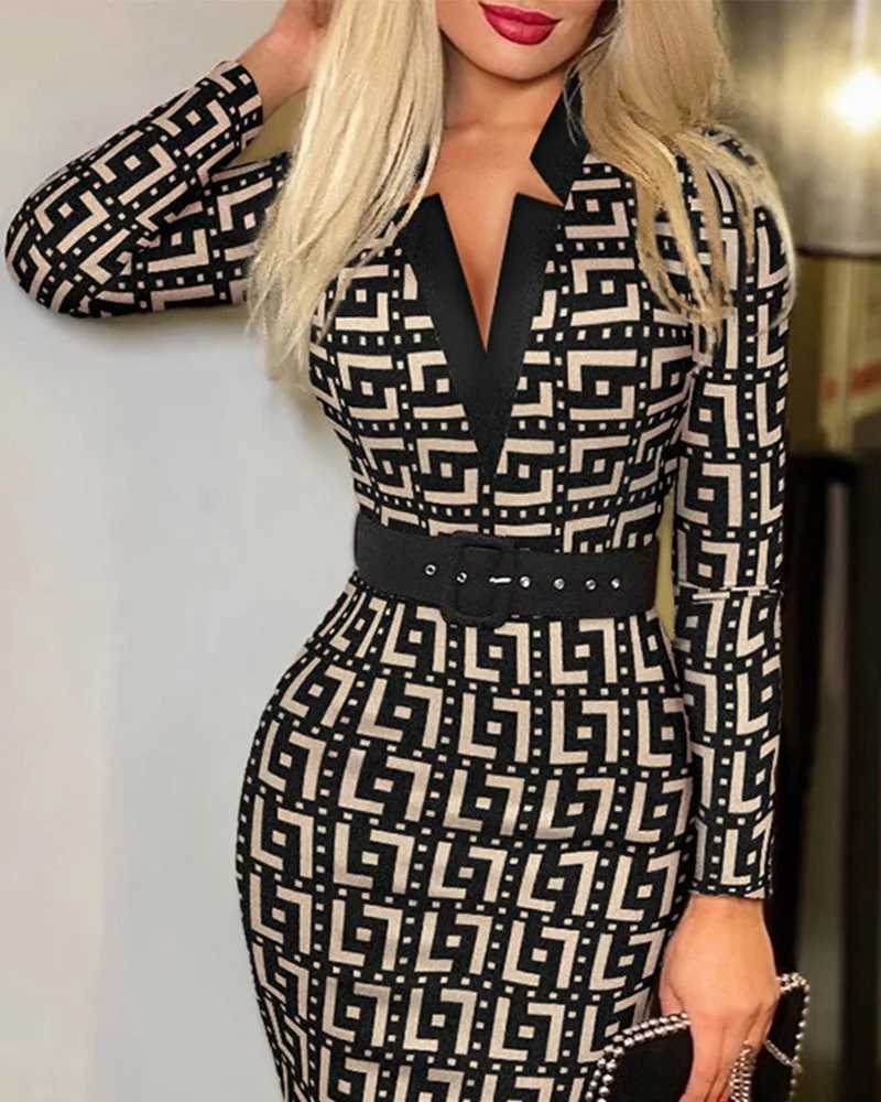 Print V Neck Dress Elegant Short Slve Dress Belted Dress For Spring Summer Womens Clothing X260326