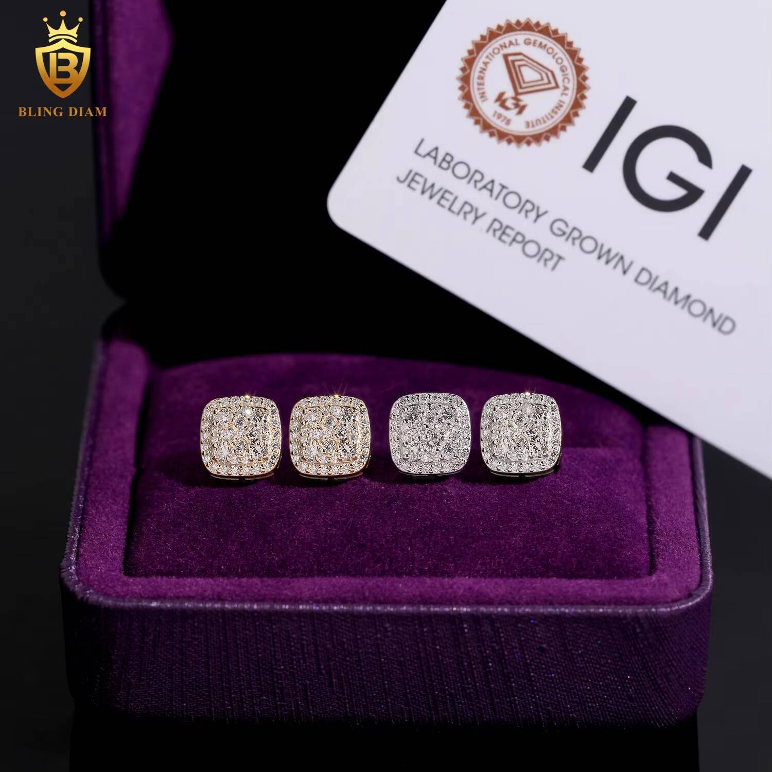 Luxury Jewelry Fine IGI LabGrownDiamondEarrings Studs Square 85mm for Women Man 925 Sterling Silver