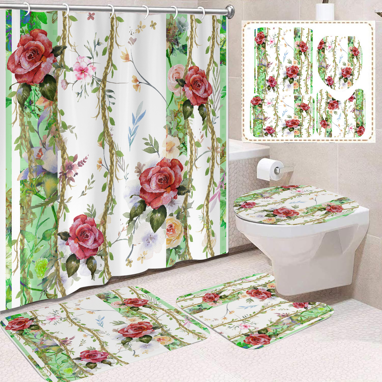 YL-38396 Floral Shower Curtain and Mat Set (4 Pieces) - Bathroom Dry and Wet Separation, Toilet Isolation Curtain, Modern Minimalist Style