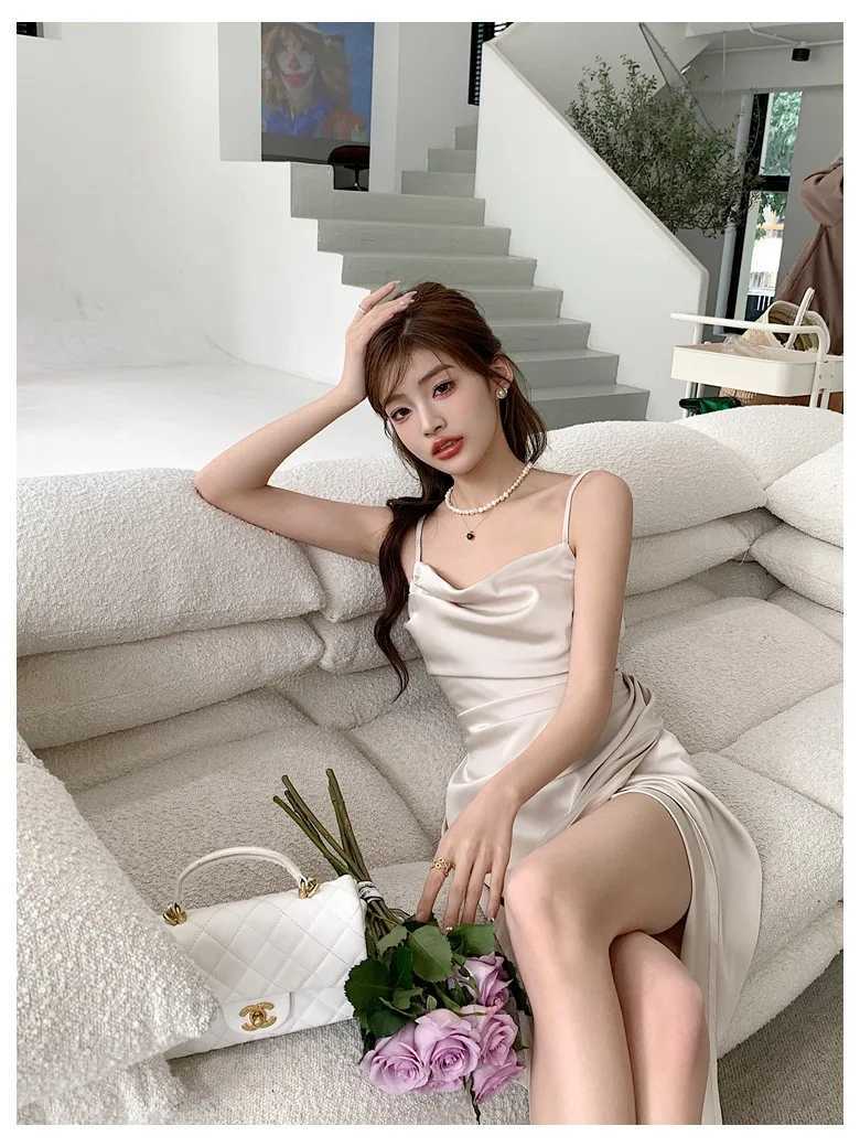 summer Europe and the United States aristocratic style texture satin pleated waist design solid color sexy slit slip dress M260326