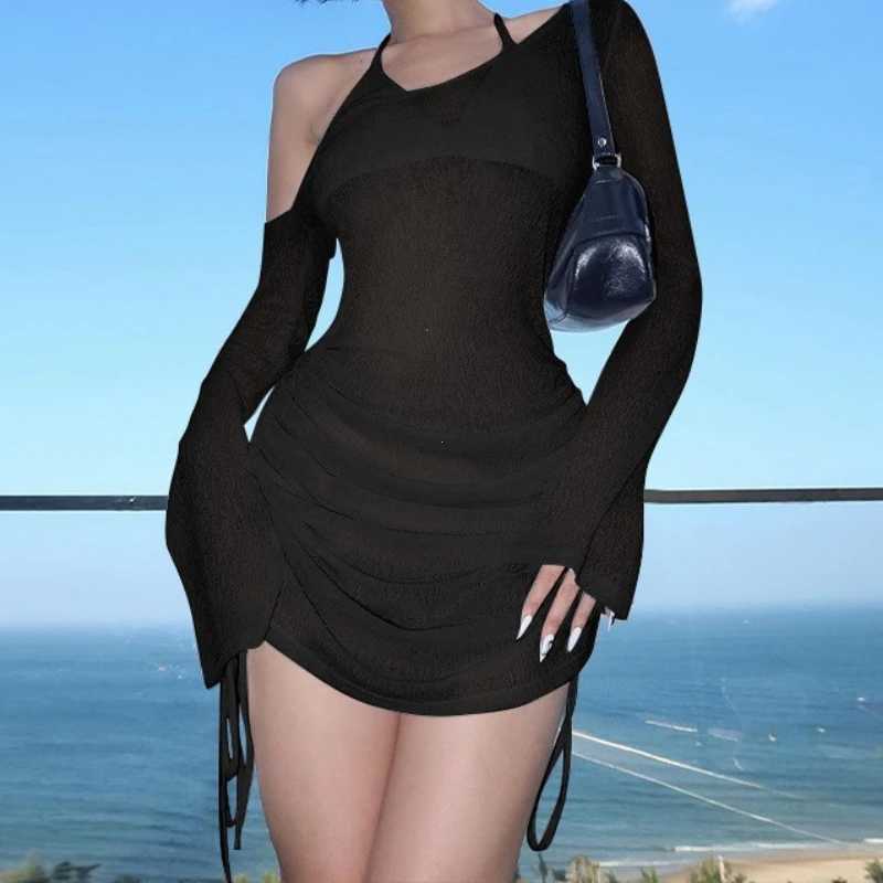 Solid Skew Collar Ruched Straps Lace-Up See Through Draw String Mini Dress 2025 Summer Women Party Clubwear Wholesale M260326